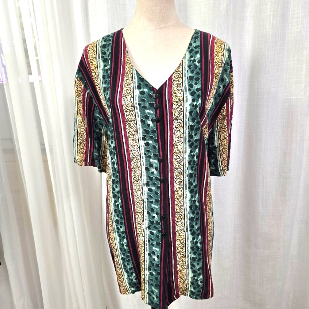 2/$30 Vintage Burgundy, Gold & Green Multicolor Womens Button Down Shirt Sz‎ 20